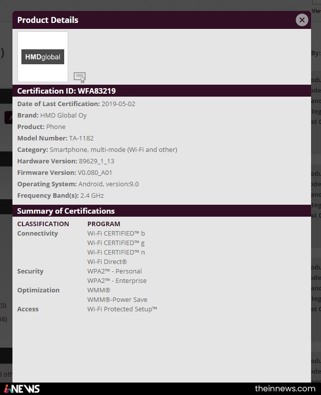 Nokia TA-1182 Passed The Wi-Fi Certification
